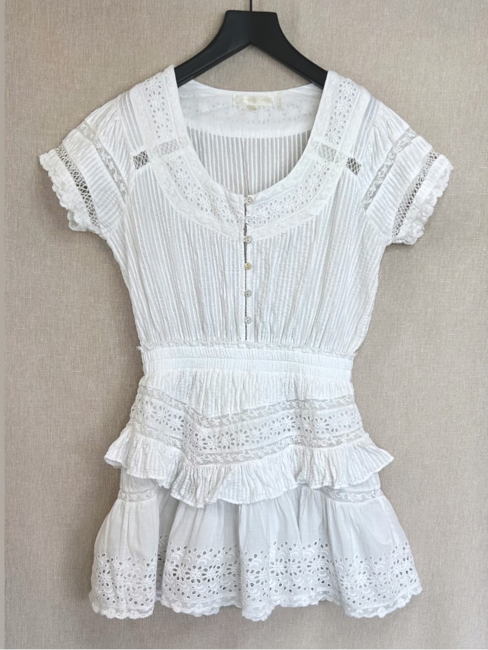 LoveShackFancy Jeromie White V-Neck Eyelet Mini Dress, Small - Picture 2 of 10